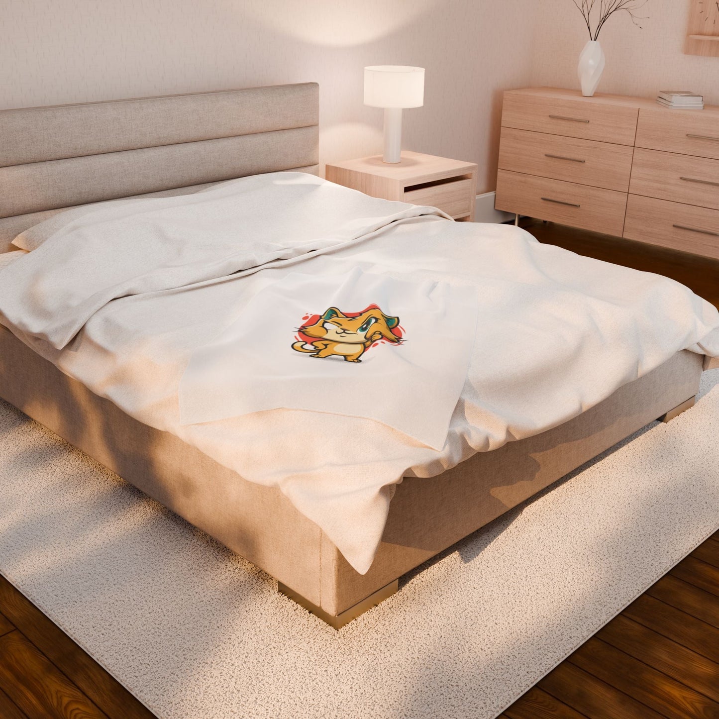 Cute Cheeky Cat Illustration Velveteen Plush Blanket | Rodent-Core Vibe