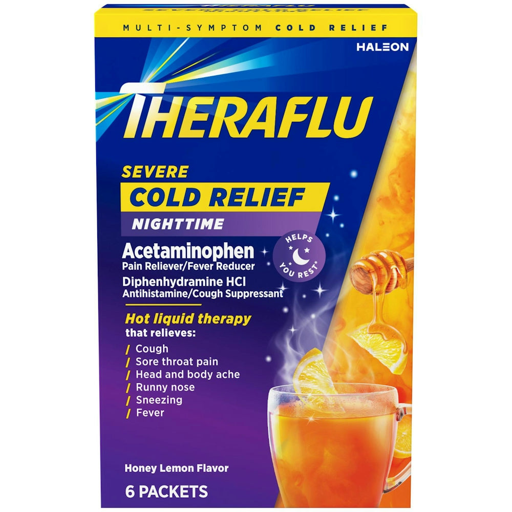 Theraflu Hot Liquid Therapy Severe Cold Relief Nighttime Packets Honey Lemon 6Ct