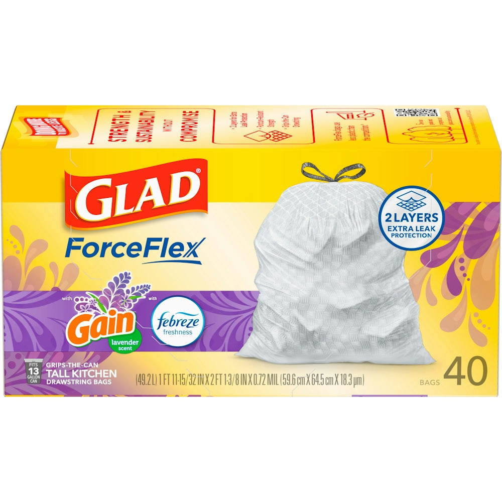 Glad OdorShield Mediterranean Lavender Scent Drawstring Tall Kitchen 13 Gallon Trash Bags