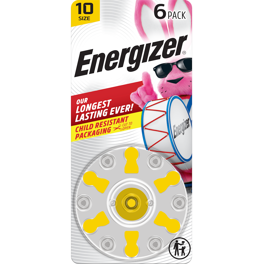 Energizer Hearing Aid Batteries, Size 10, Yellow Tab, 6-Pk