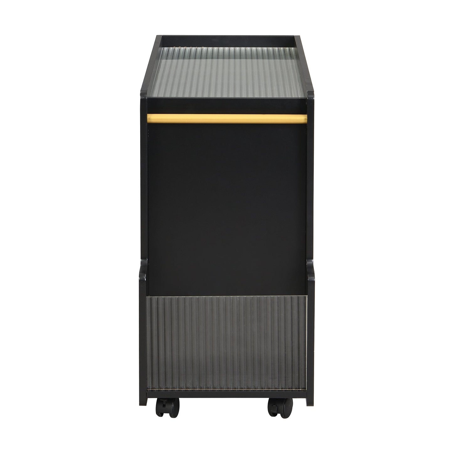 Stylish mobile desk with lockable wheels,bedside table with 5mm thick grooved tempered glass and gold round bars ,black