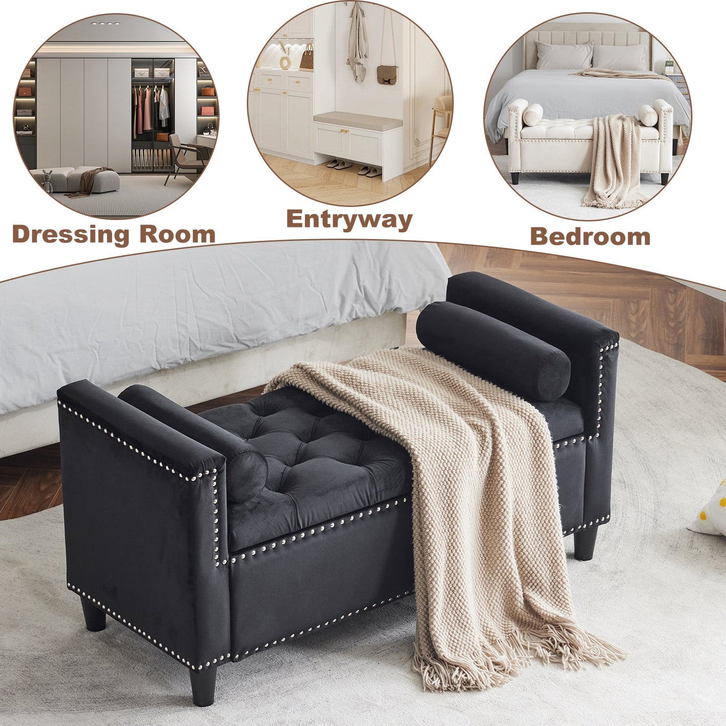 Storage Bench, 44.5-Inch Queen Velvet Button Bedside Bench, Entryway Living Room with Armrests, Nailhead Trim Black