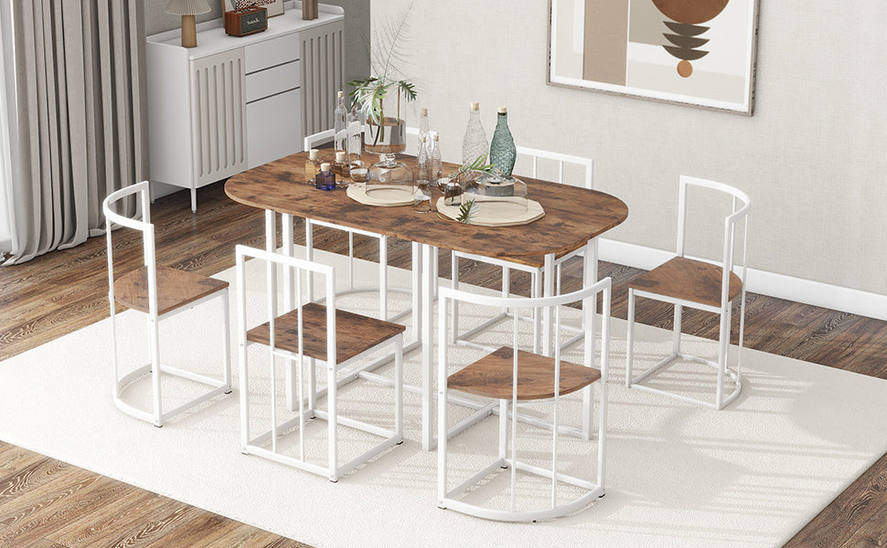 TOPMAX Modern 7-Piece Dining Table Set with Faux Marble Compact 55Inch Kitchen Table Set for 6 White+Cherry