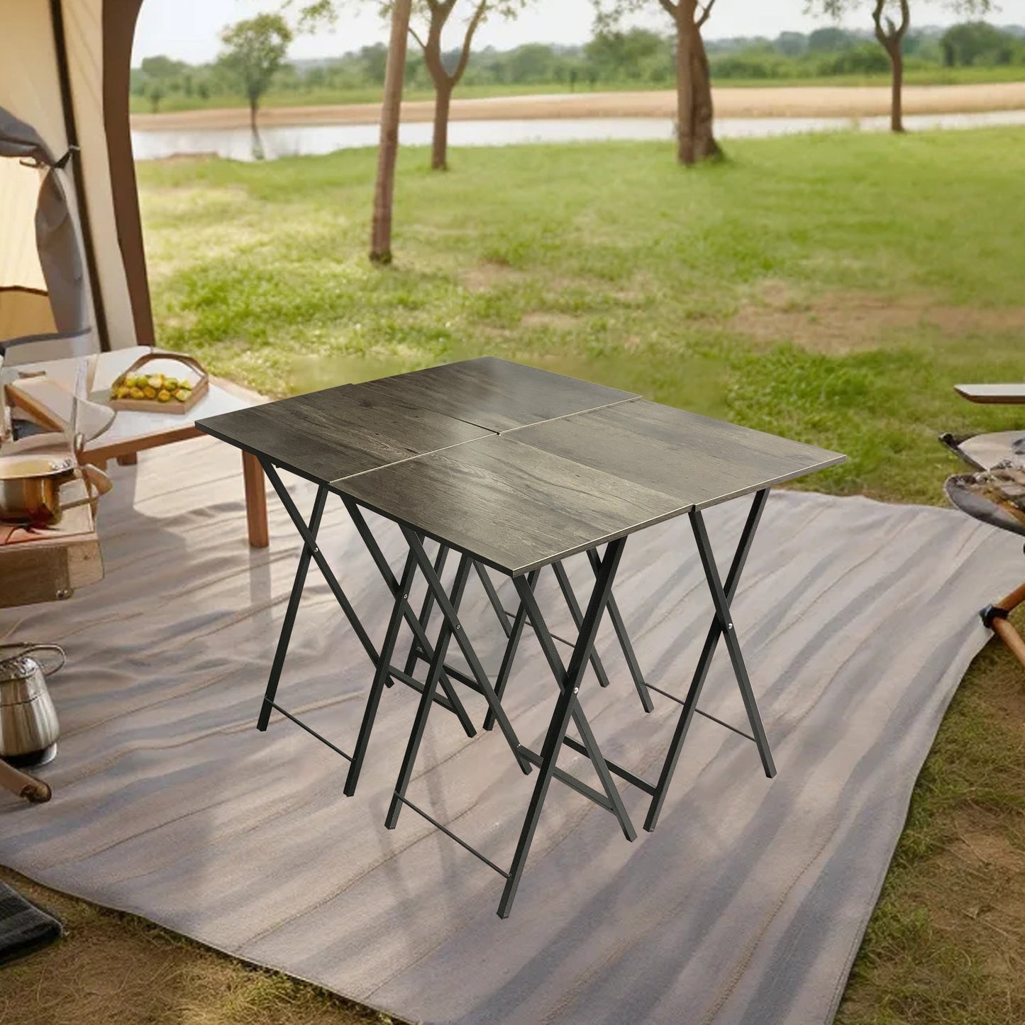 Folding office desk TV tray table set of 4 TV trays with storage rack wooden folding TV tray foldable snack table, rural gray