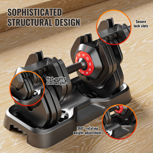 Adjustable dumbbell set, male and female 10 in 1 free dumbbell black rotating handle for quick adjustment (10 gears/55 pounds)