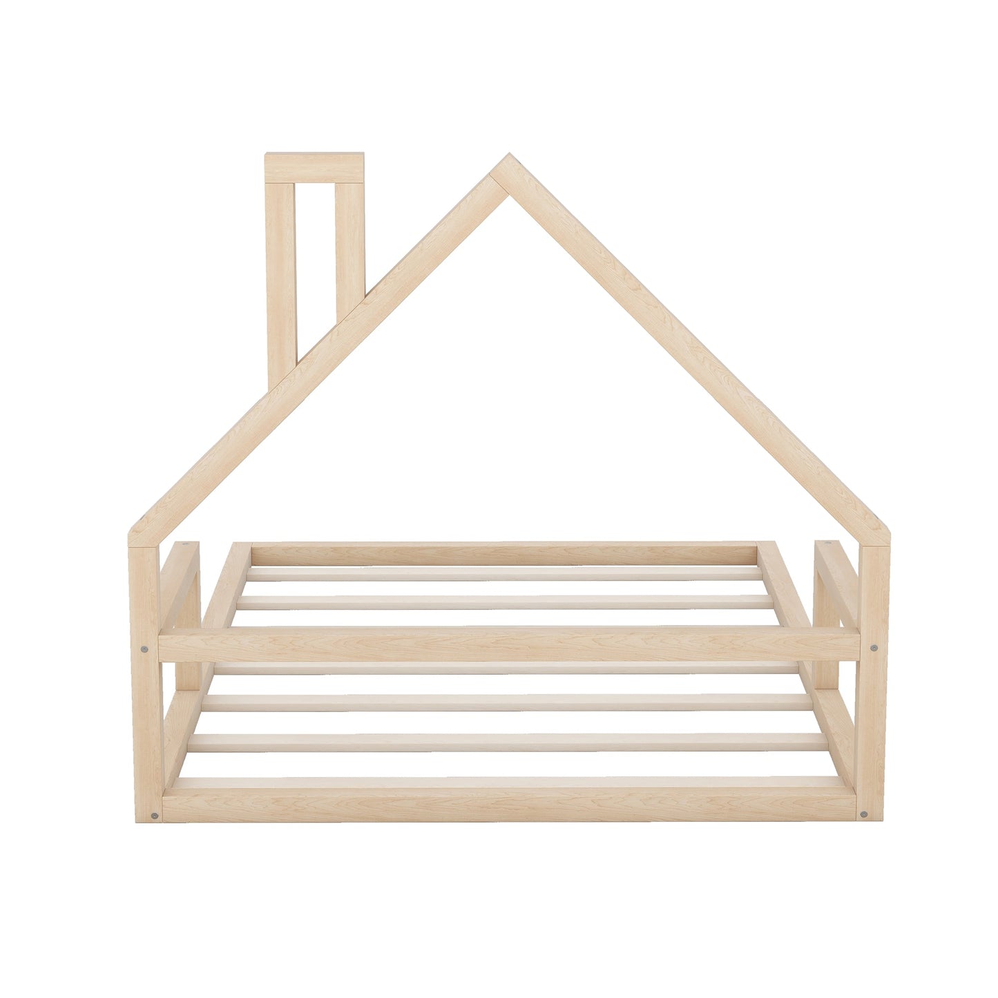 Full Size Wood Floor Bed with House-shaped Headboard Natural