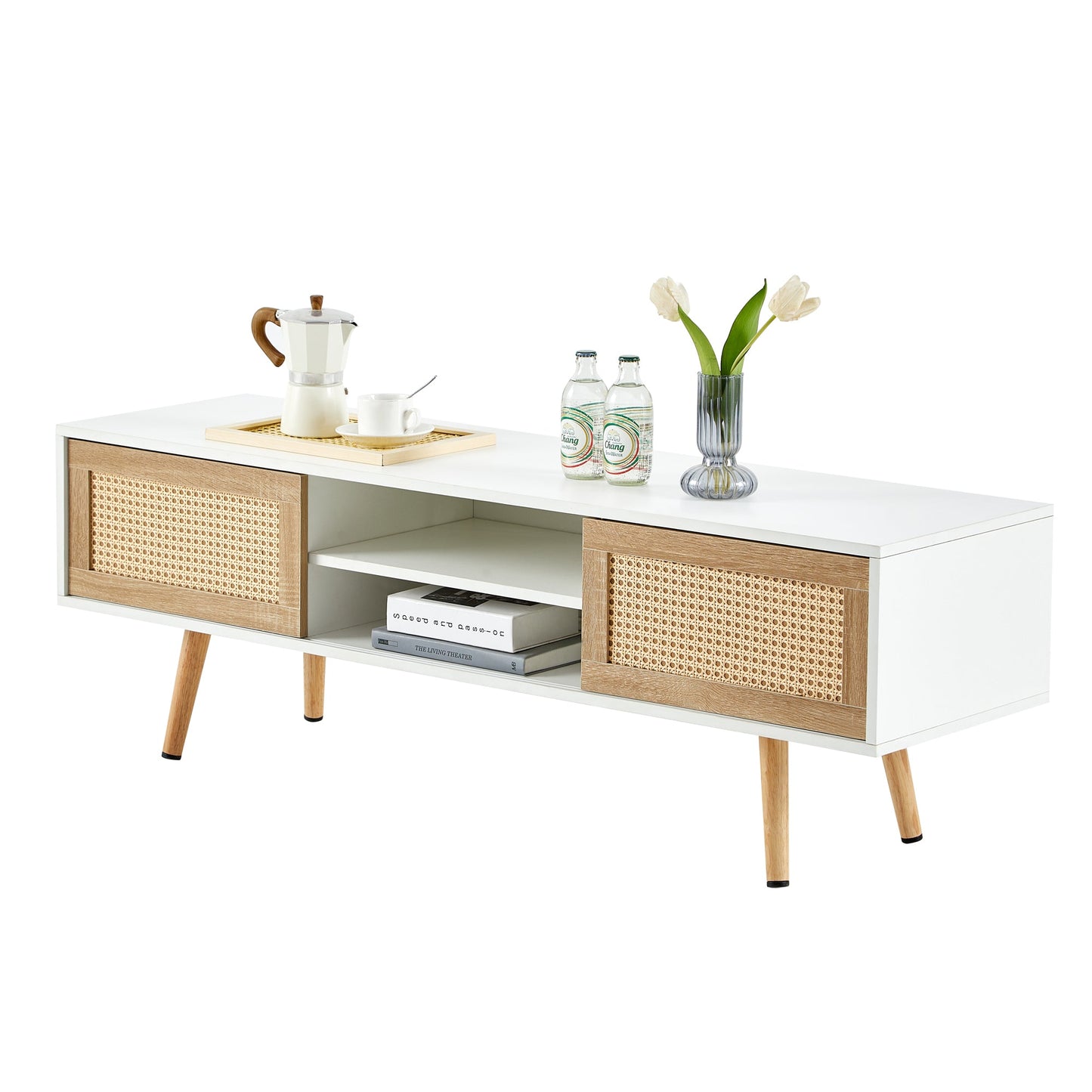 55.12" Rattan TV cabinet double sliding doors for storage adjustable shelf solid wood legs TV console for living room White