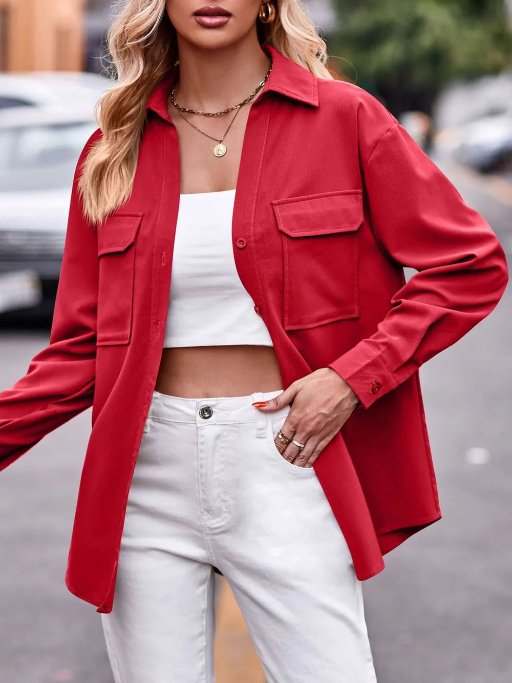 Casual and fashionable double pocket loose long sleeved solid color shirt