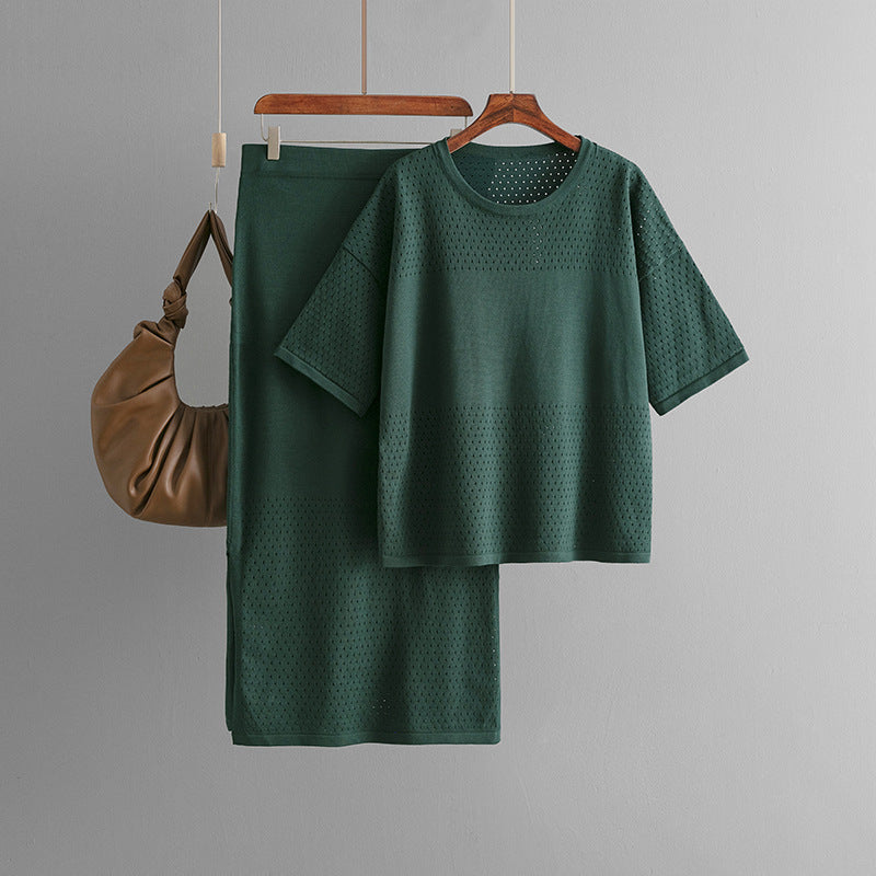 Hollow out short sleeved knitted top half skirt two-piece set women's solid color casual set