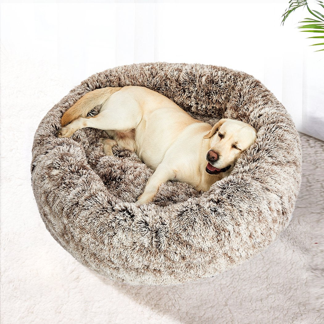 Pet Bed Cat Dog Donut Nest Calming Mat Soft Plush Kennel Coffee L