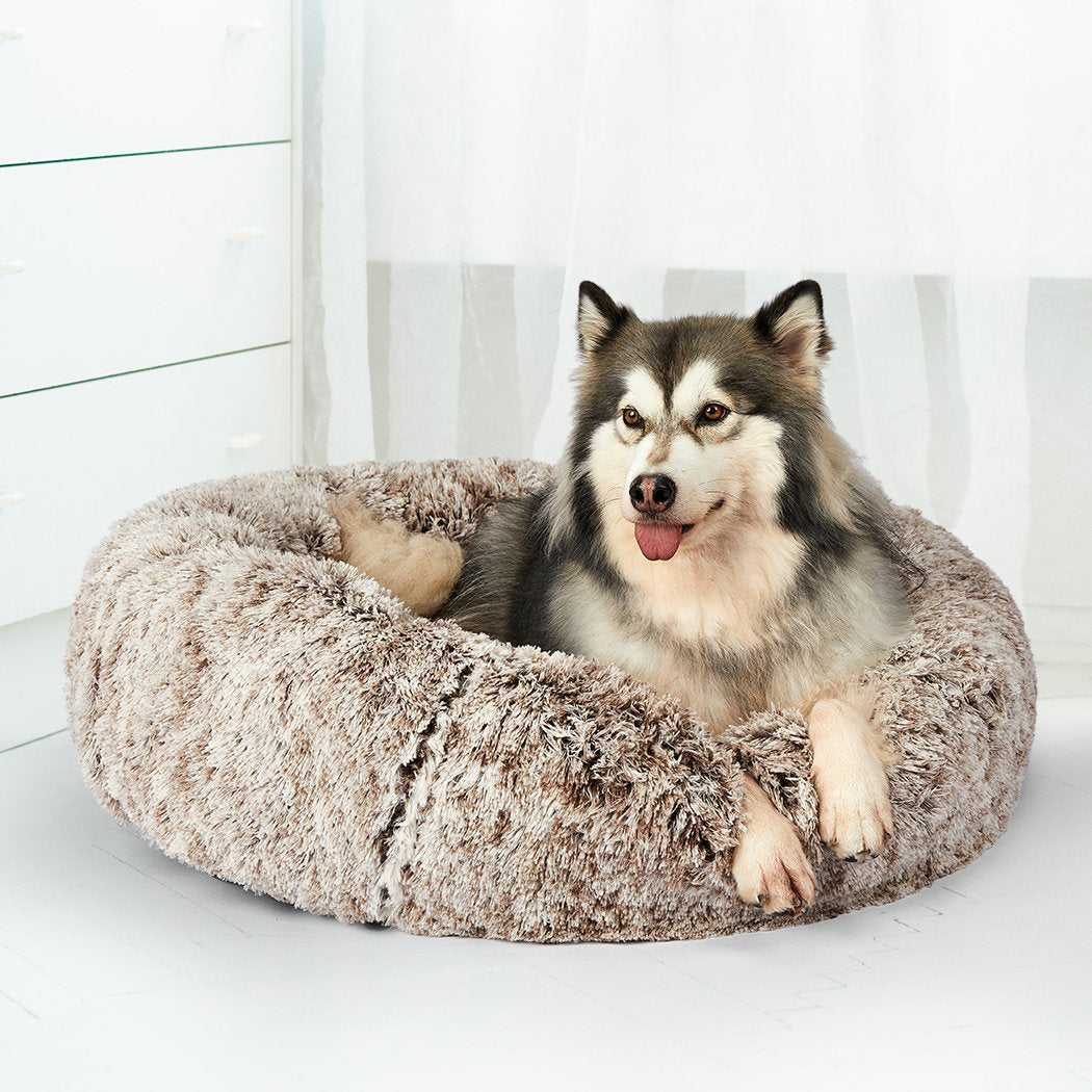 Pet Bed Cat Dog Donut Nest Calming Mat Soft Plush Kennel Coffee XL