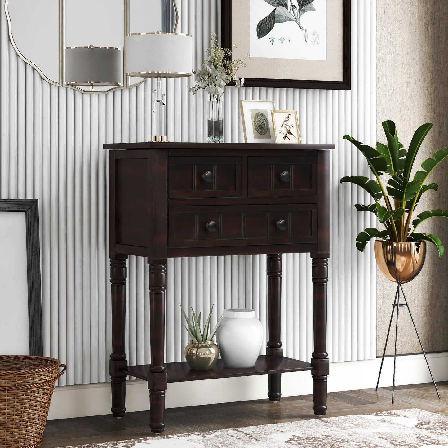 TREXM Narrow Console Desk, Ultra Thin Sofa Table with Three Storage Drawers and Living Room Bottom Shelves (Espresso)