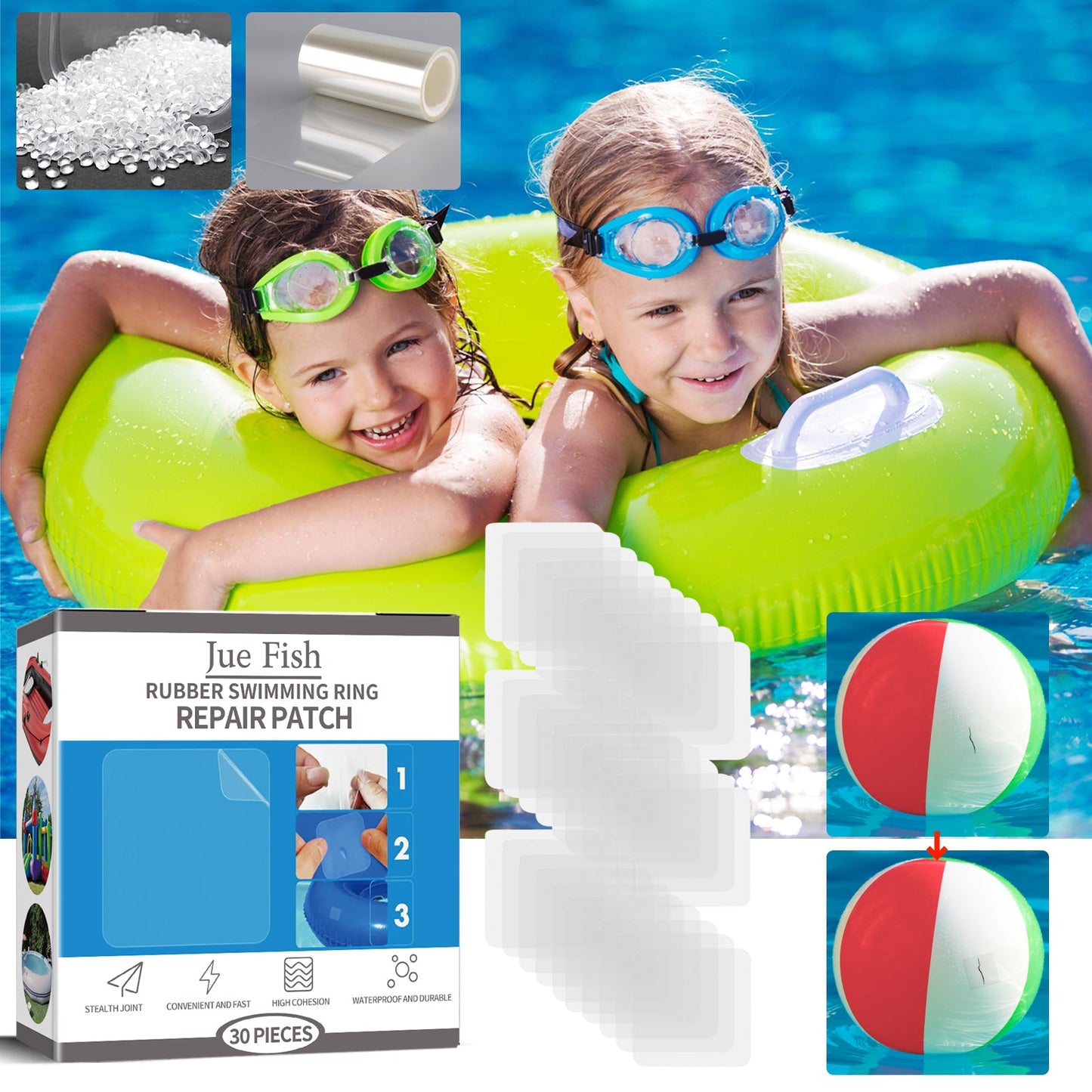JUE FISH Rubber Swimming Ring Repair Patch, Swim Ring Patch Self-Adhesive Seal