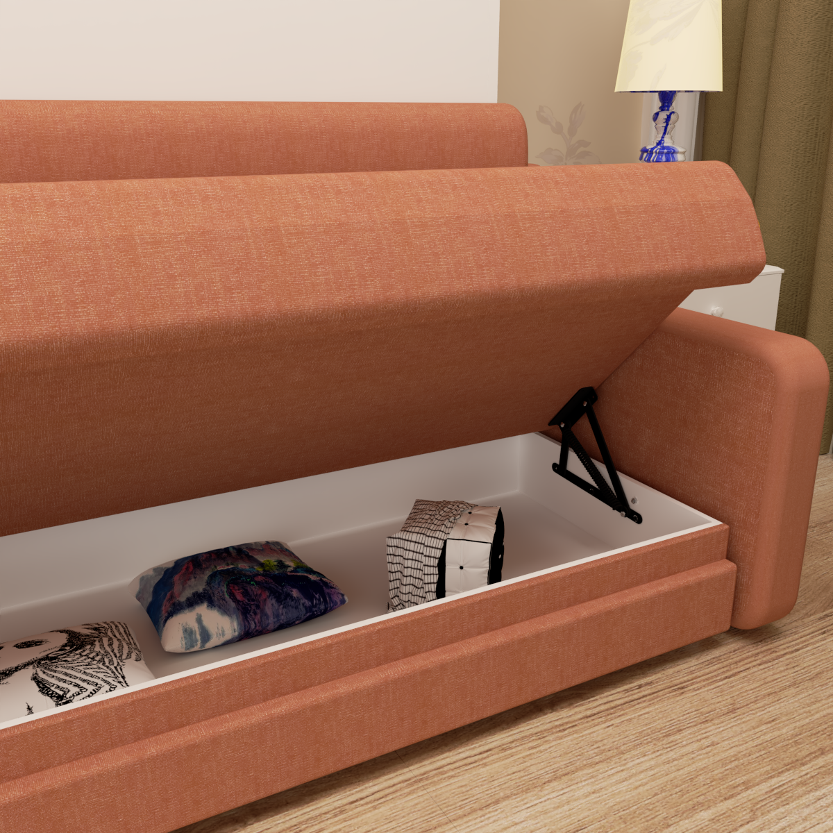 Full size Morden Deisgn vertical Murphy bed with sofa and drawers, white wall bed, space saving hidden bed with new gas pillars