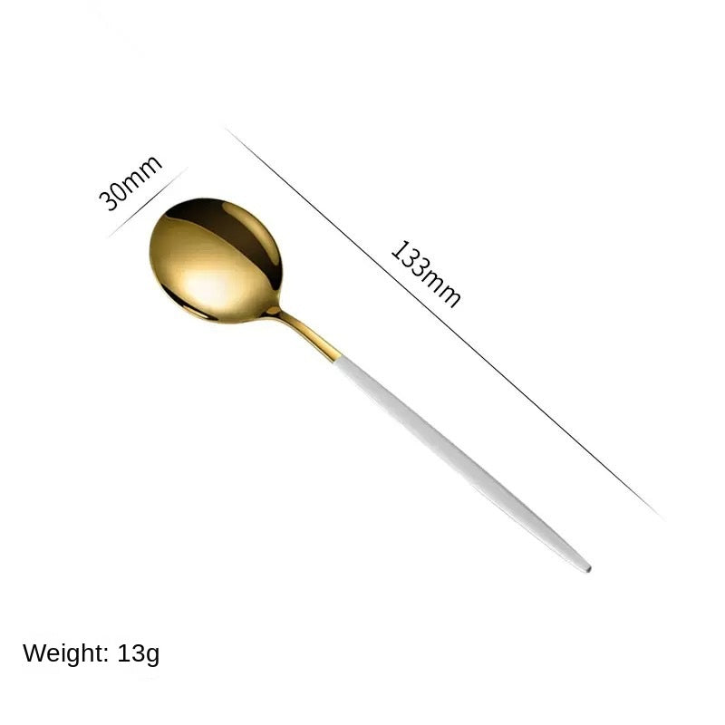 Stainless Steel Cutlery Set with Portuguese Gold Spray Painted Steak Knife, Fork, Spoon, and Tea Spoon 4-Piece Gift Pack