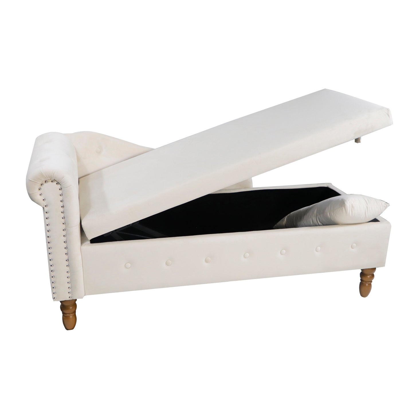 Beige Chaise Lounge Indoor Velvet Lounge Chair for Bedroom with Storage & Pillow Modern Upholstered Rolled Arm Chase Lounge