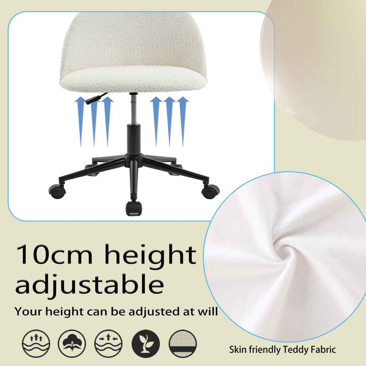 Velvet fabric office chair, mid back adjustable rotating computer chair, black legs, cushioned office chair with wheels ，White