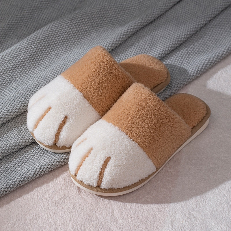 Winter House Warm Fur Slipers For Women Cute Cat paw Designer Bedroom Warm Plush Shoes Non-slip Indoor Women Furry Slippers