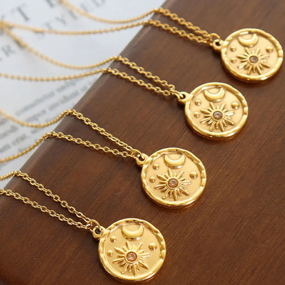 Zircon Star Moon Romantic Necklace Titanium Steel Gold Plated Round Pendant Neck Chain