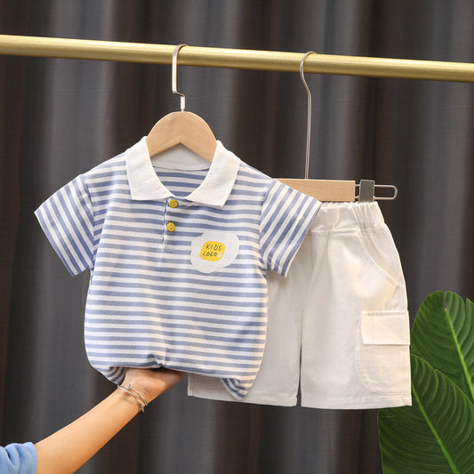 Boys' Summer Cute Stripes Solid Color Short-sleeved Shorts Two-piece Set