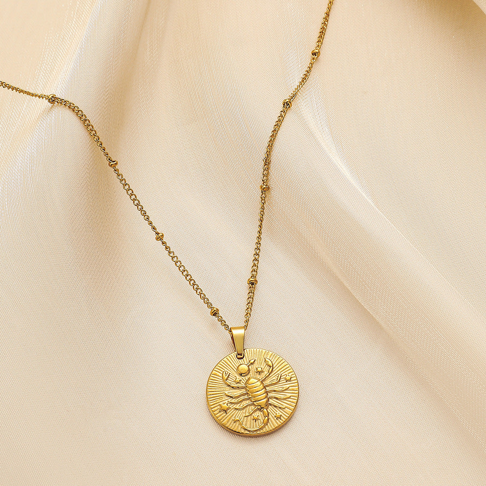 Stainless Steel Round Twelve Constellation Coin Relief Necklace