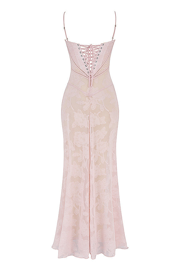 Sexy Flowers Lace Suspender Dress Summer Fashion Slim Back Lace-up Long Dresses Party Evening Club Clothing For Women
