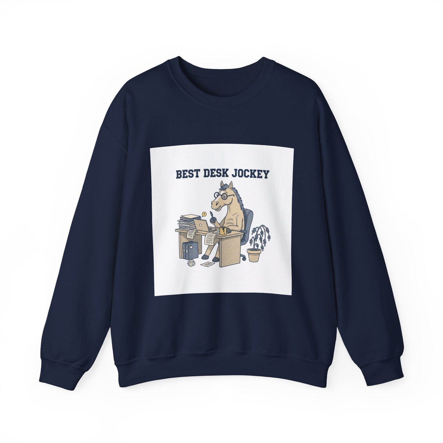 Workhorse Desk Jockey Sweatshirt | corporate burnout parody, collegiate horse design
