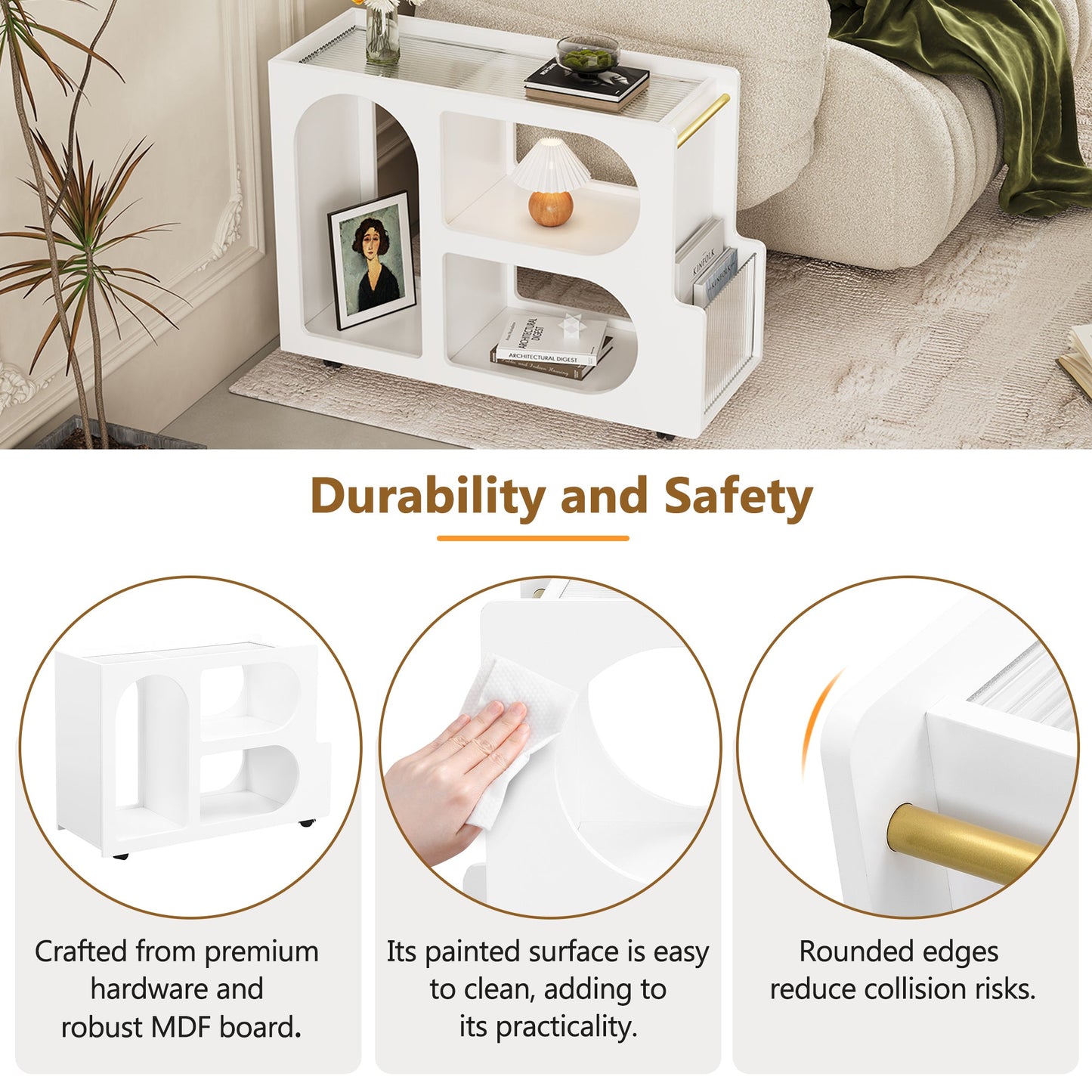 Stylish mobile desk with lockable wheels, white bedside table with 5mm thick grooved tempered glass and gold round bars
