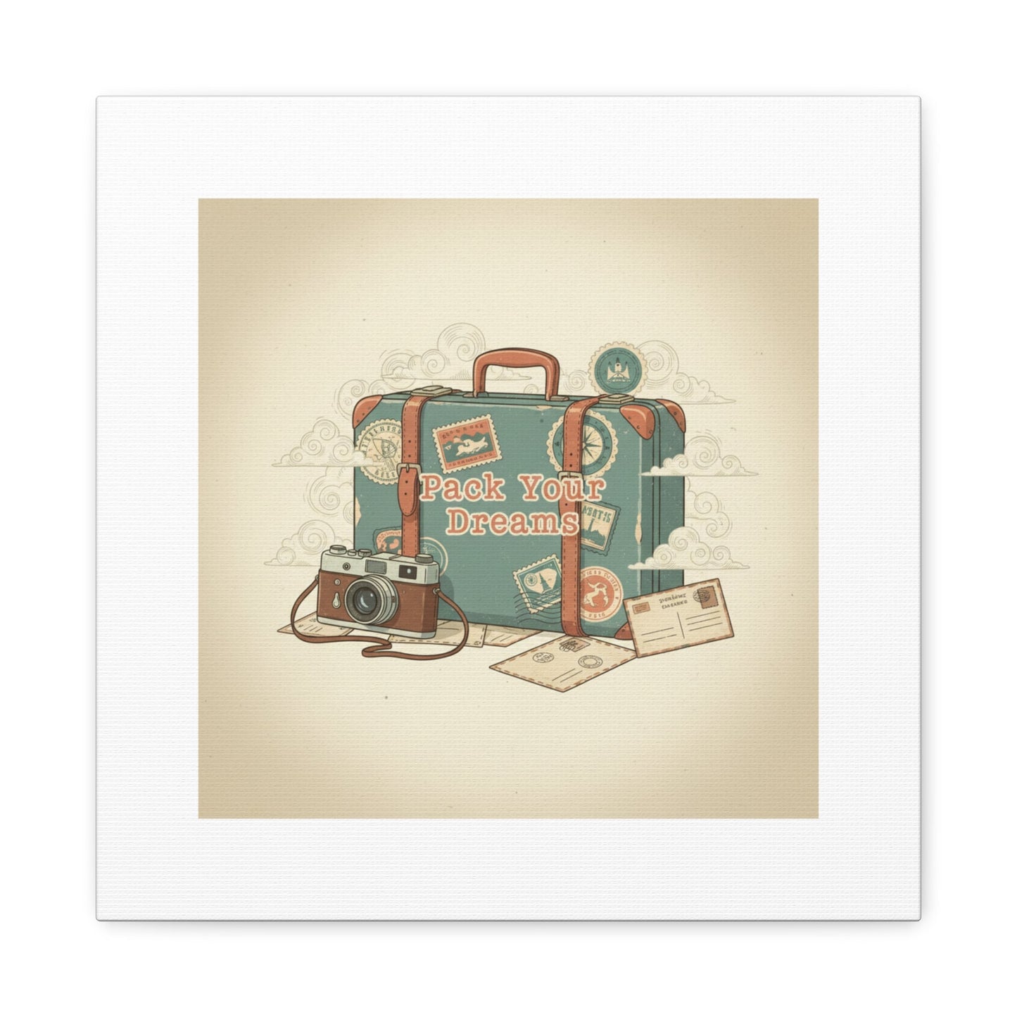 Pack Your Dreams Canvas | Retro Travel Postcard, Wanderlust Passport Stamp Art