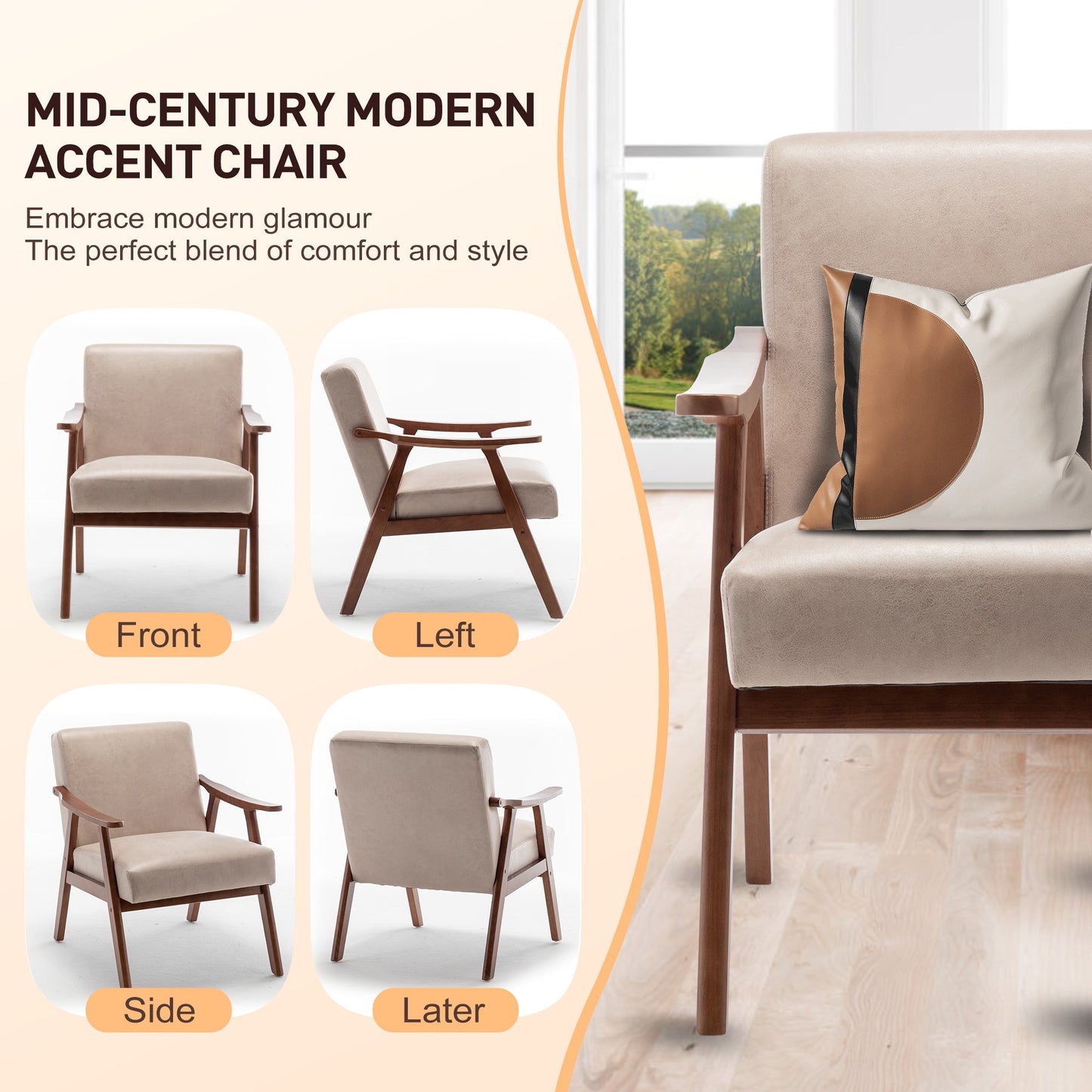 Solid wood frame living room chair, accent chair with thick backrest, casual chair Indoo
