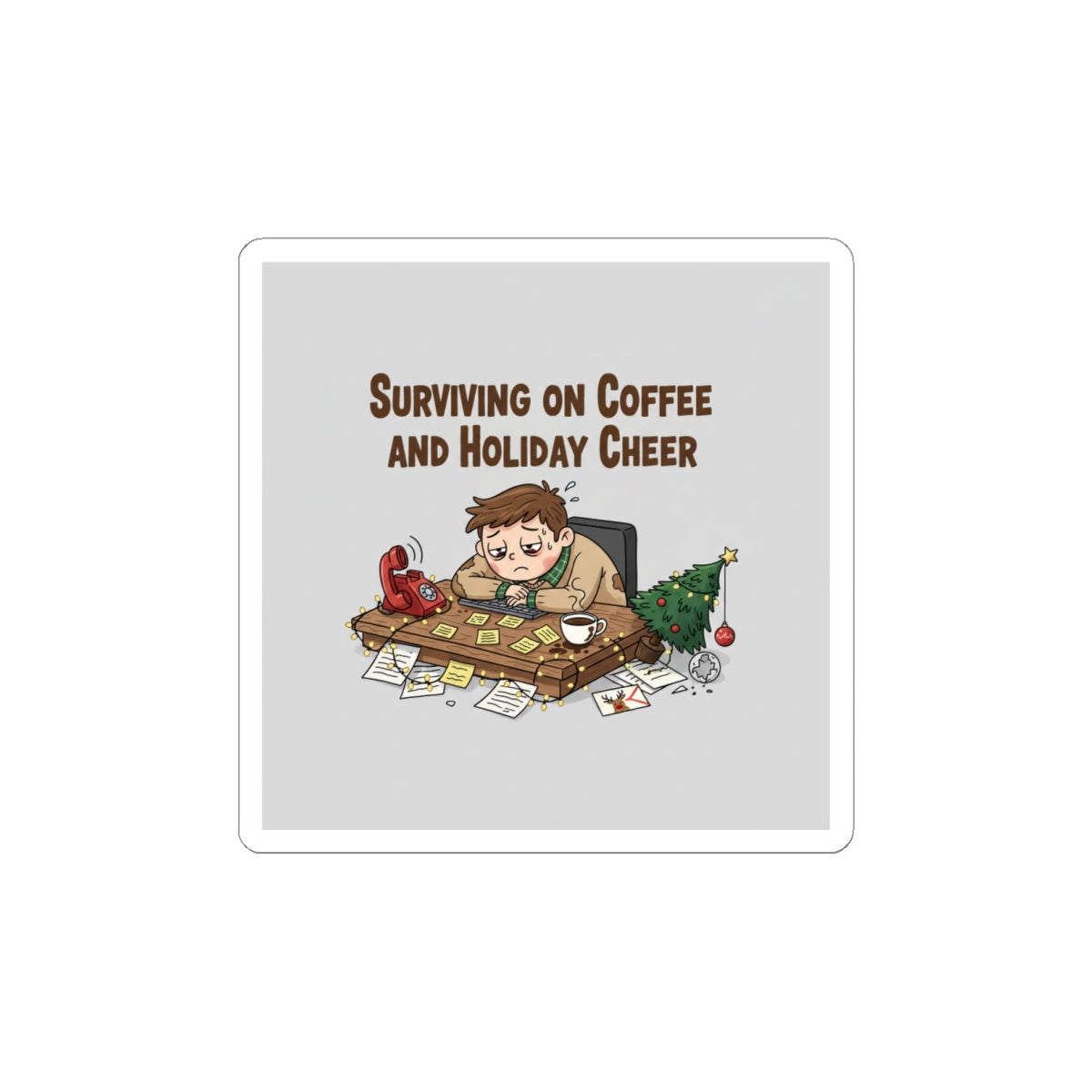 Surviving on Coffee and Holiday Cheer Sticker | Holiday Burnout Meme, festive but tired