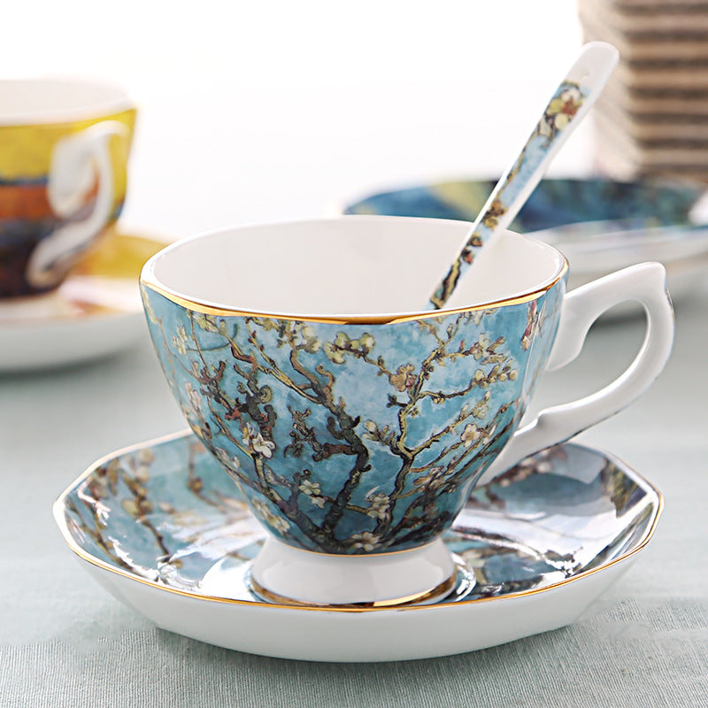 British Luxe Saucer and Spoon Afternoon Tea Cup with Van Gogh Oil Painting Design, Bone China Coffee Cup, Creative Souvenir Ceramic Mug