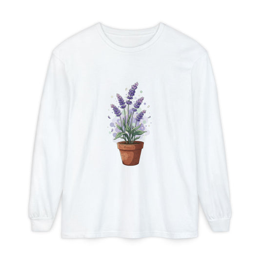 Lavender Potted Plant Long Sleeve Tee — Floral Botanical Shirt