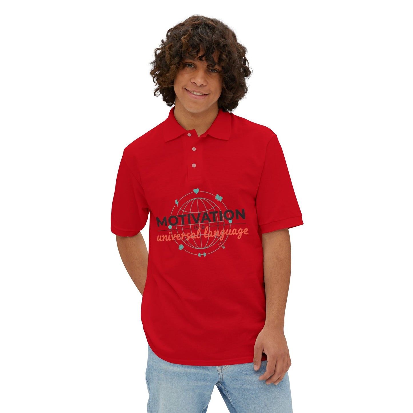 Motivation Is a Universal Language Polo — Tristan's Treehouse Men's Piqué