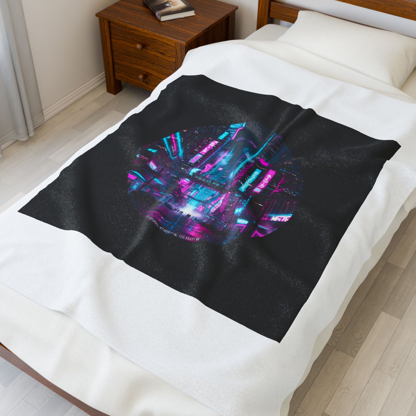 Neon Cyberpunk Cityscape Velveteen Plush Blanket | synthwave skyline