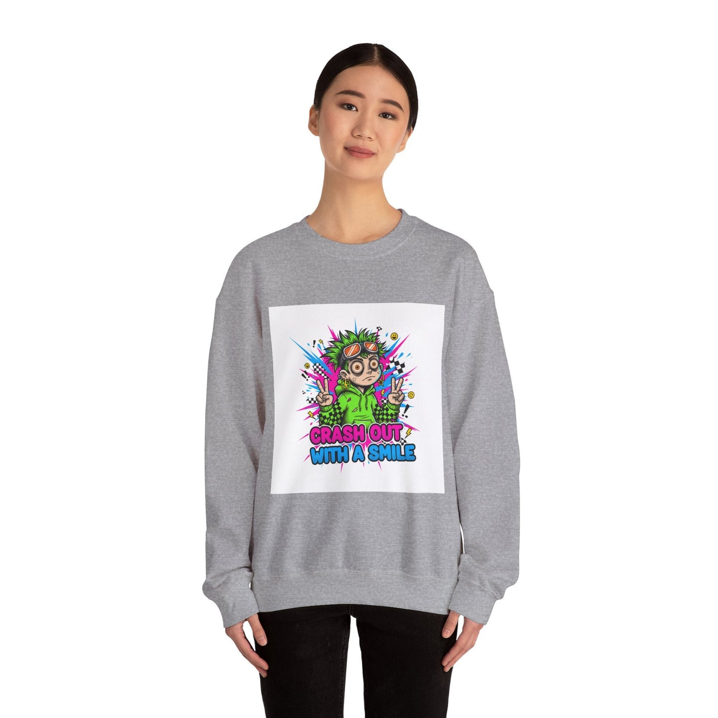 Crash Out With a Smile Sweatshirt | neon graffiti, meltdown streetwear