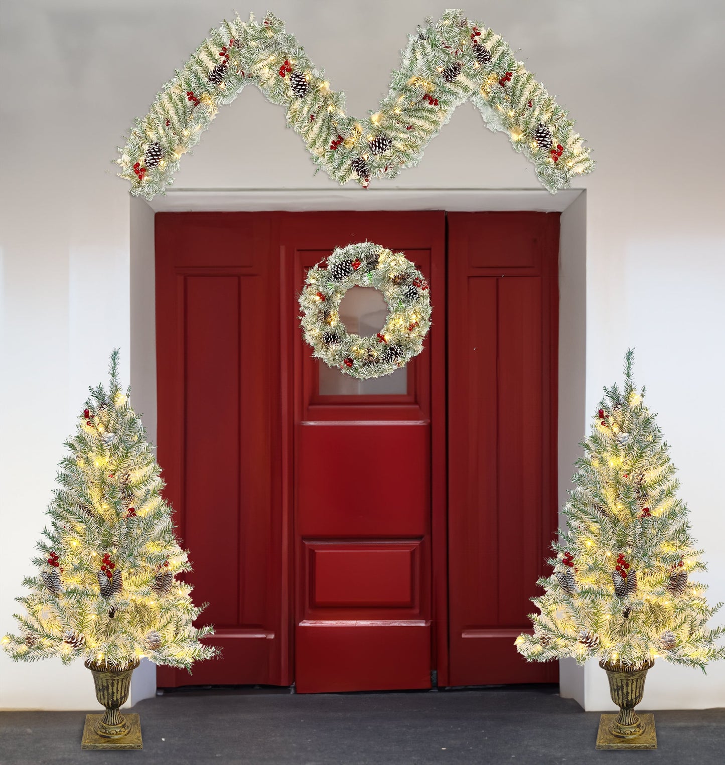 Pre-lit Xmas Tree Artificial Christmas 4-Piece Set,Garland, Wreath and Set of 2 Entrance Trees X-mas