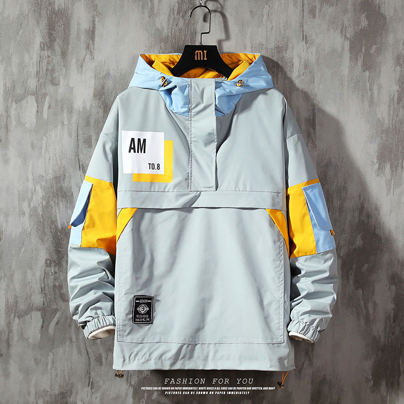 Men's Plus Size Print Color Block Hooded Jacket