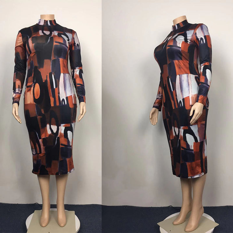 Printed Bag Hip Skirt Plus Size Dress