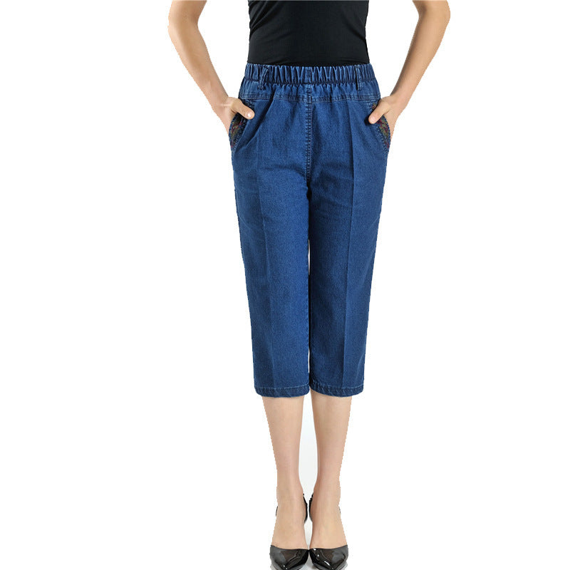 Stretch Thin Pants Elastic Waist Copped Trousers Shorts