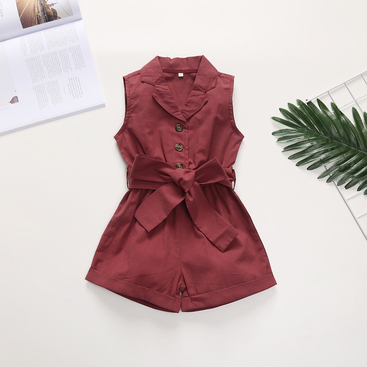 Multicolor Girls' Solid Lapel Sleeveless Single-breasted One-piece Shorts