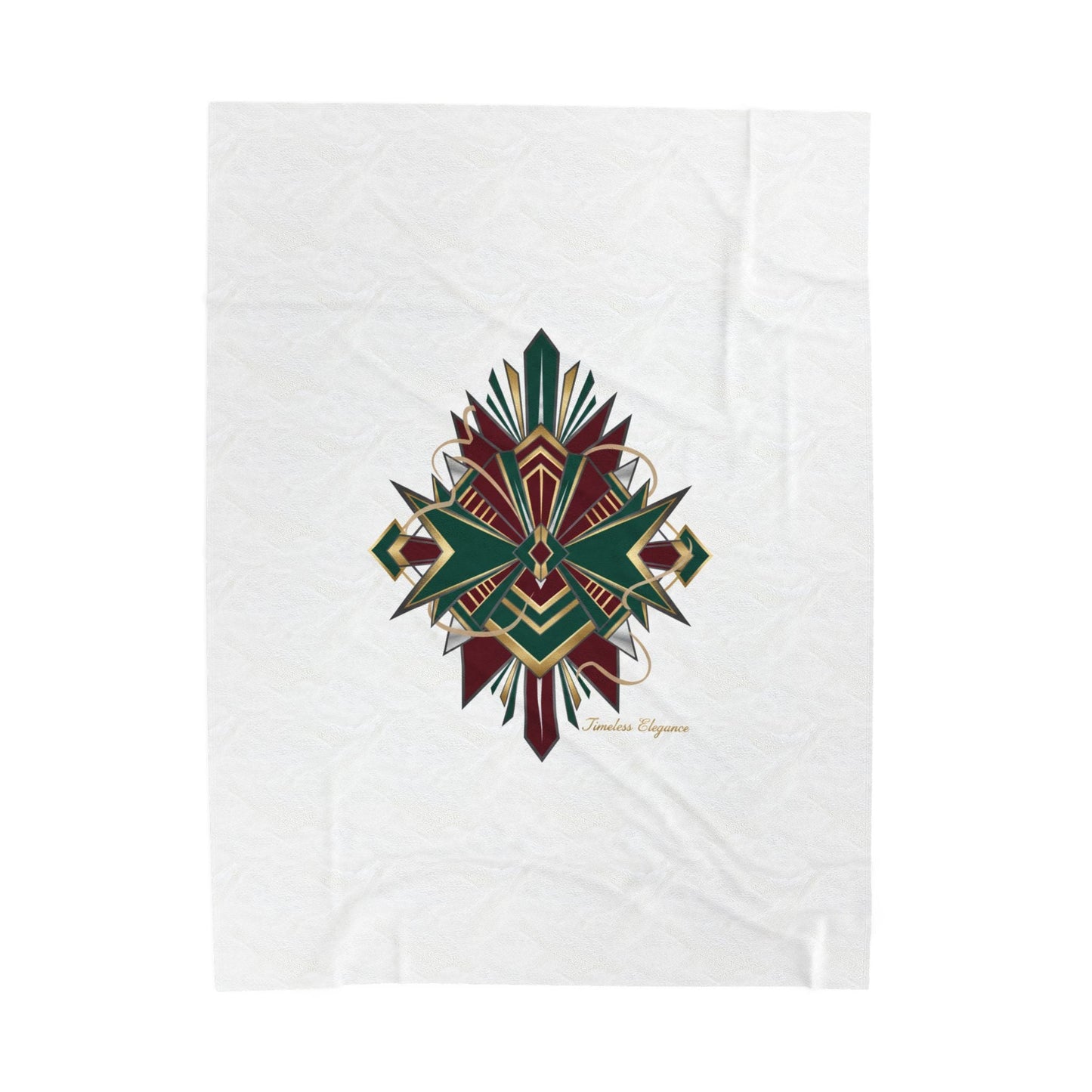 Art Deco Emerald & Burgundy Geometric Velvet Throw Blanket | Brass Chrome Fan Motif