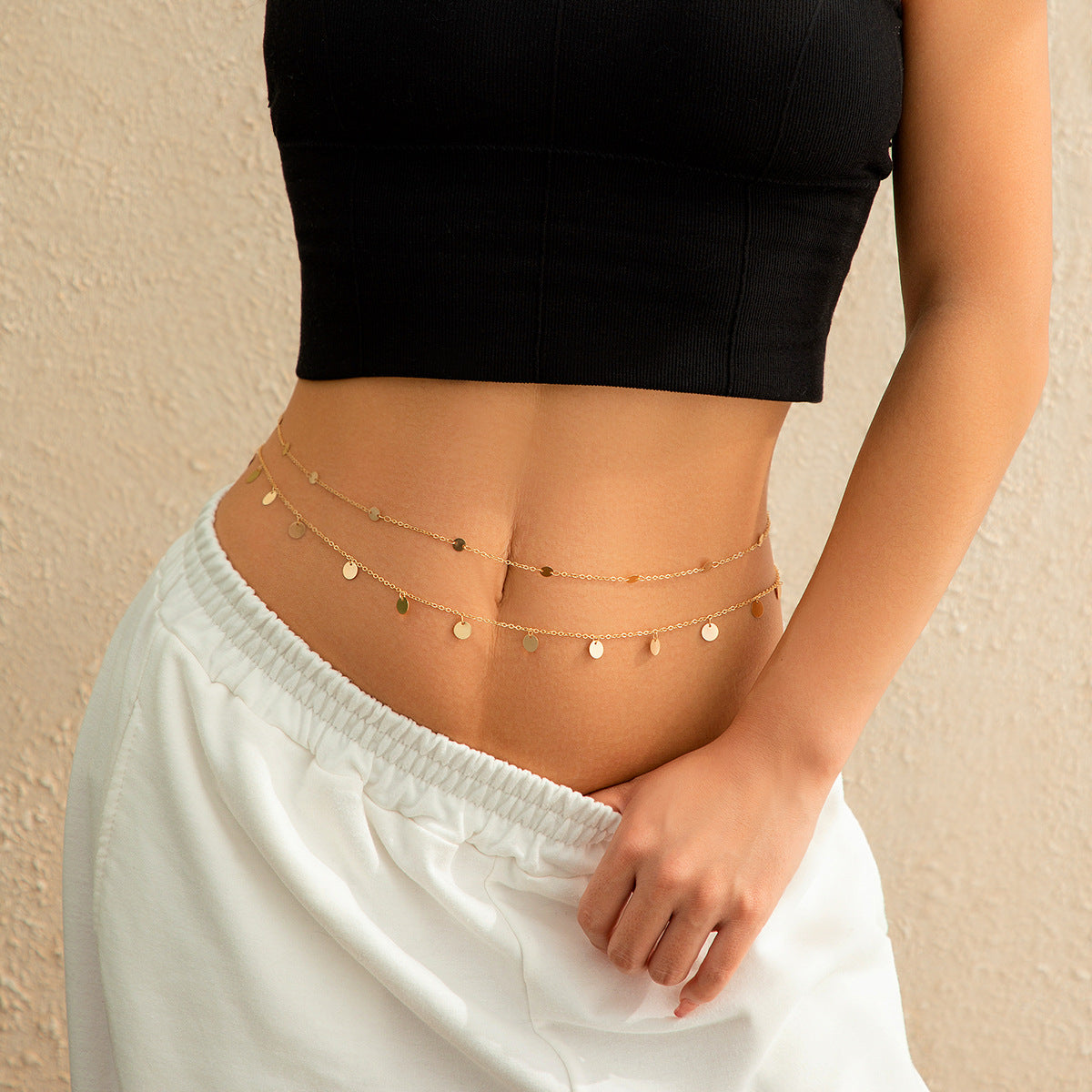 Double layered waist chain, geometric sequins, waist chain, beach party, imitation pearl body chain, fashionable