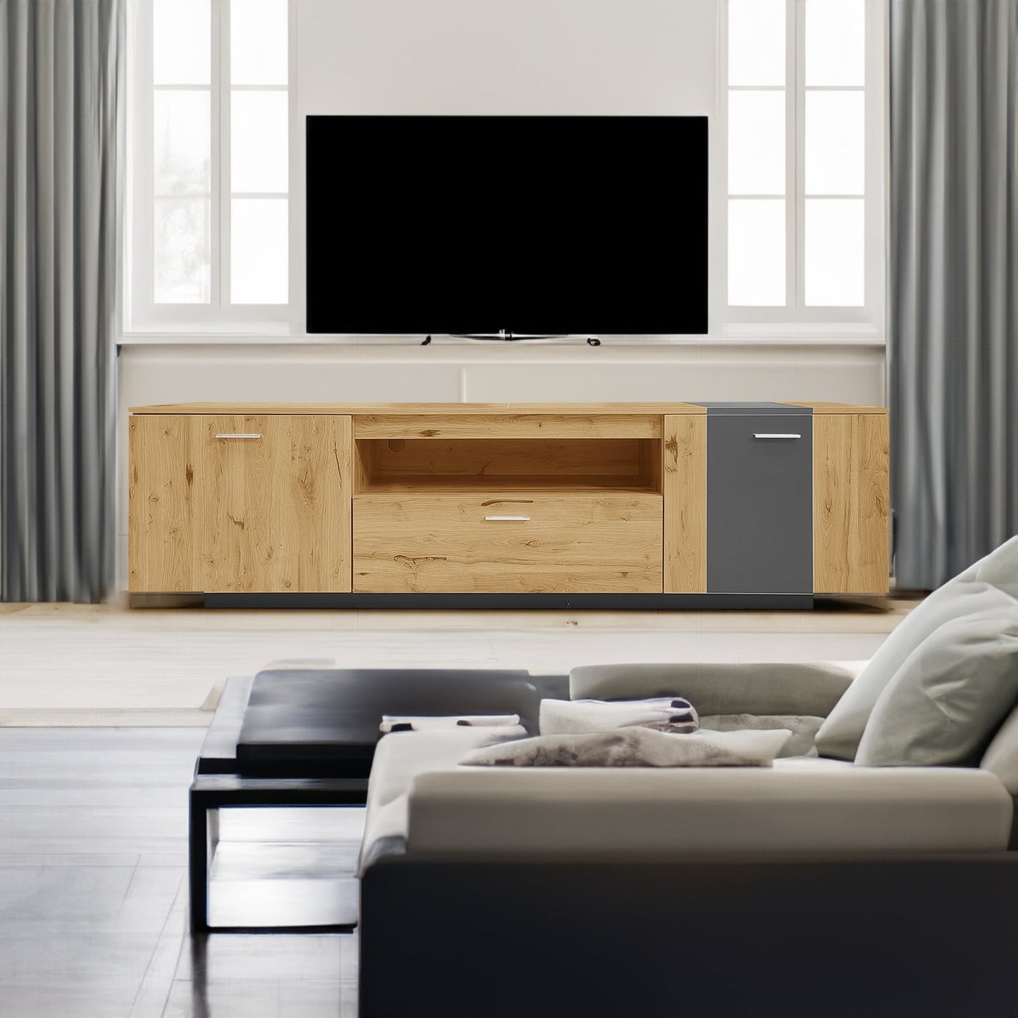 70 inch modern TV stand with 3 cabinets and drawers, entertainment center can accommodate TVs under 80 inches