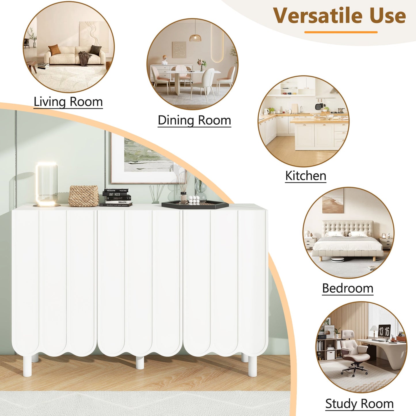 ON-TRANS Cream Style Shoe Cabinet with 5 Adjustable Solid Wood Legs, Large Storage Cabinet with Wave Doors, White