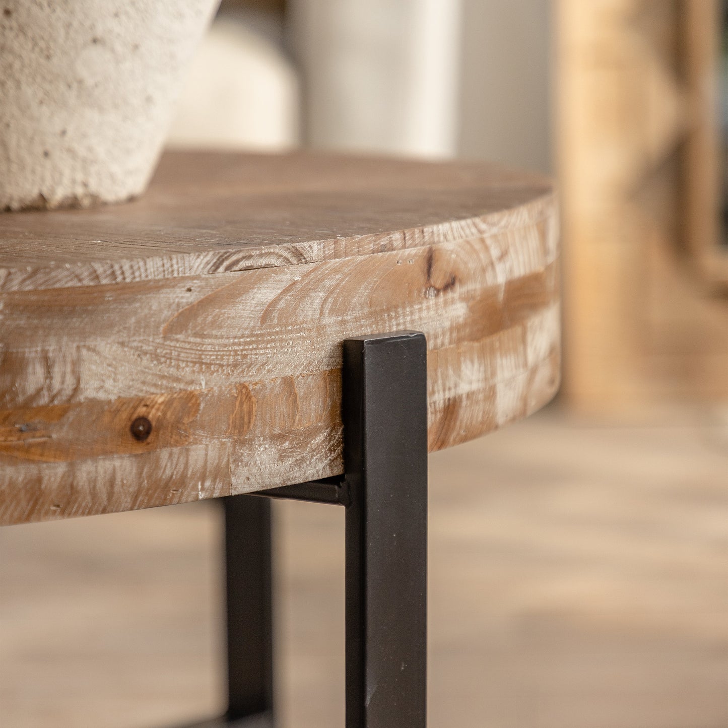 31.29"Modern Retro Splicing Round Coffee Table  Fir Wood Table Top with Cross Legs Metal Base(Same SKU:W757123560)