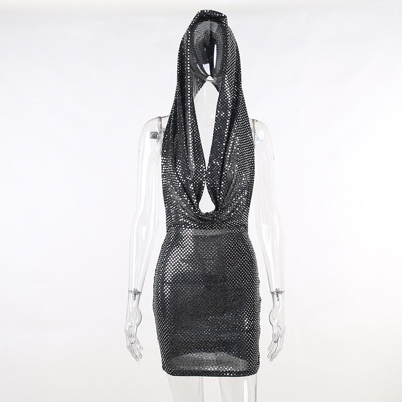 Party Bar Sheath Pockets Collar Halter Dress
