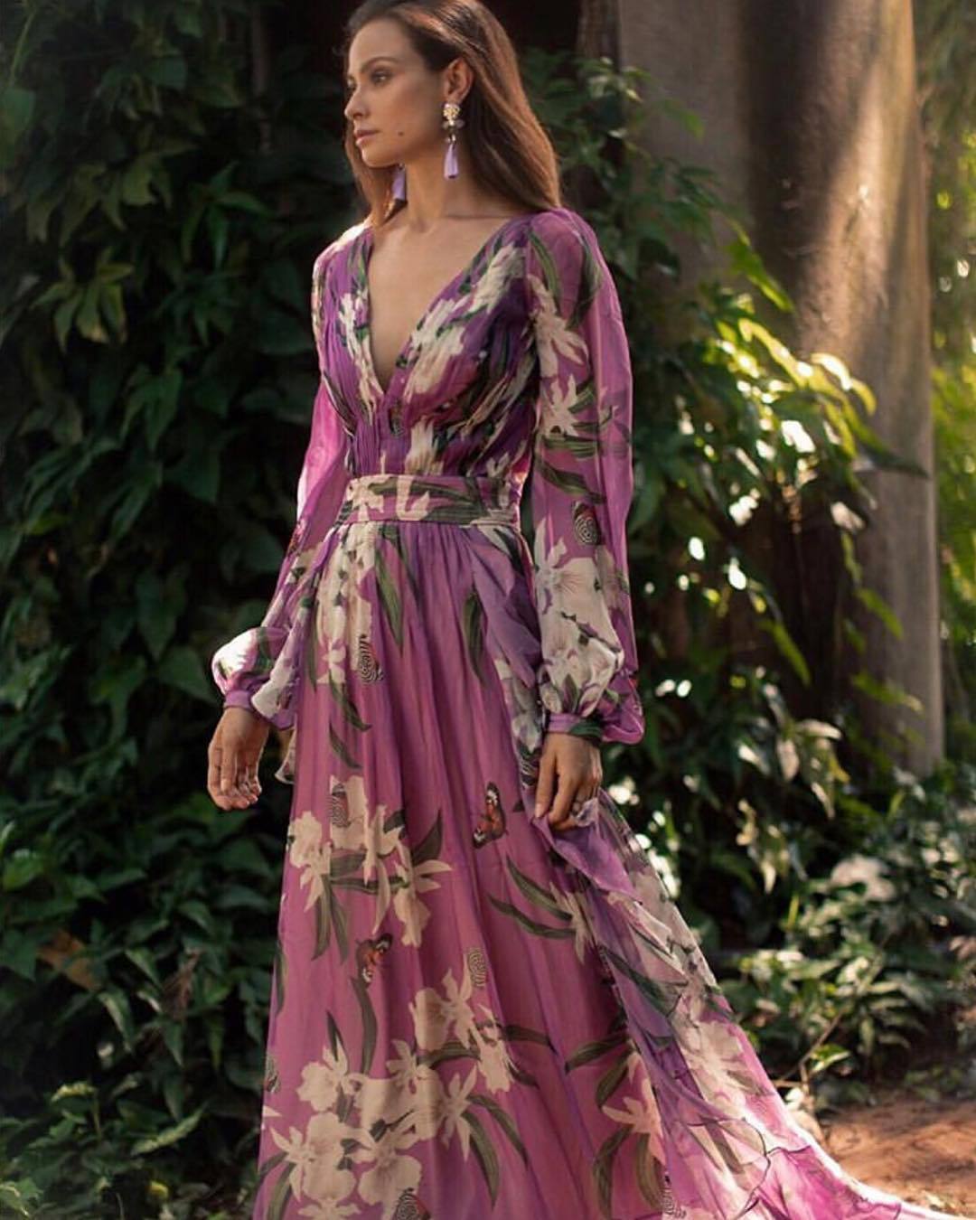 Winter New  Style V-Neck Long Sleeve Four-Way Stretch Printed Flared Dress