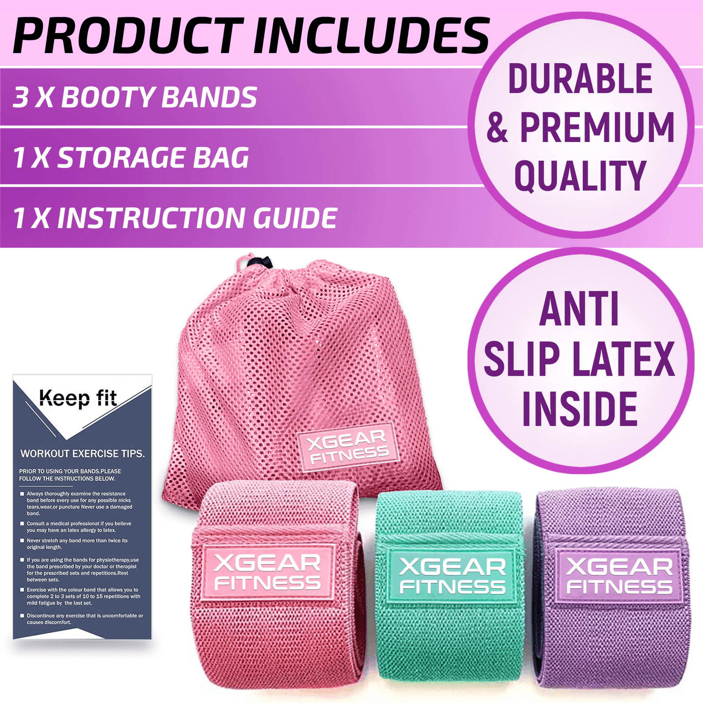 XGear Fitness Set of 3 Womens Butt and Hip Exercise Bands