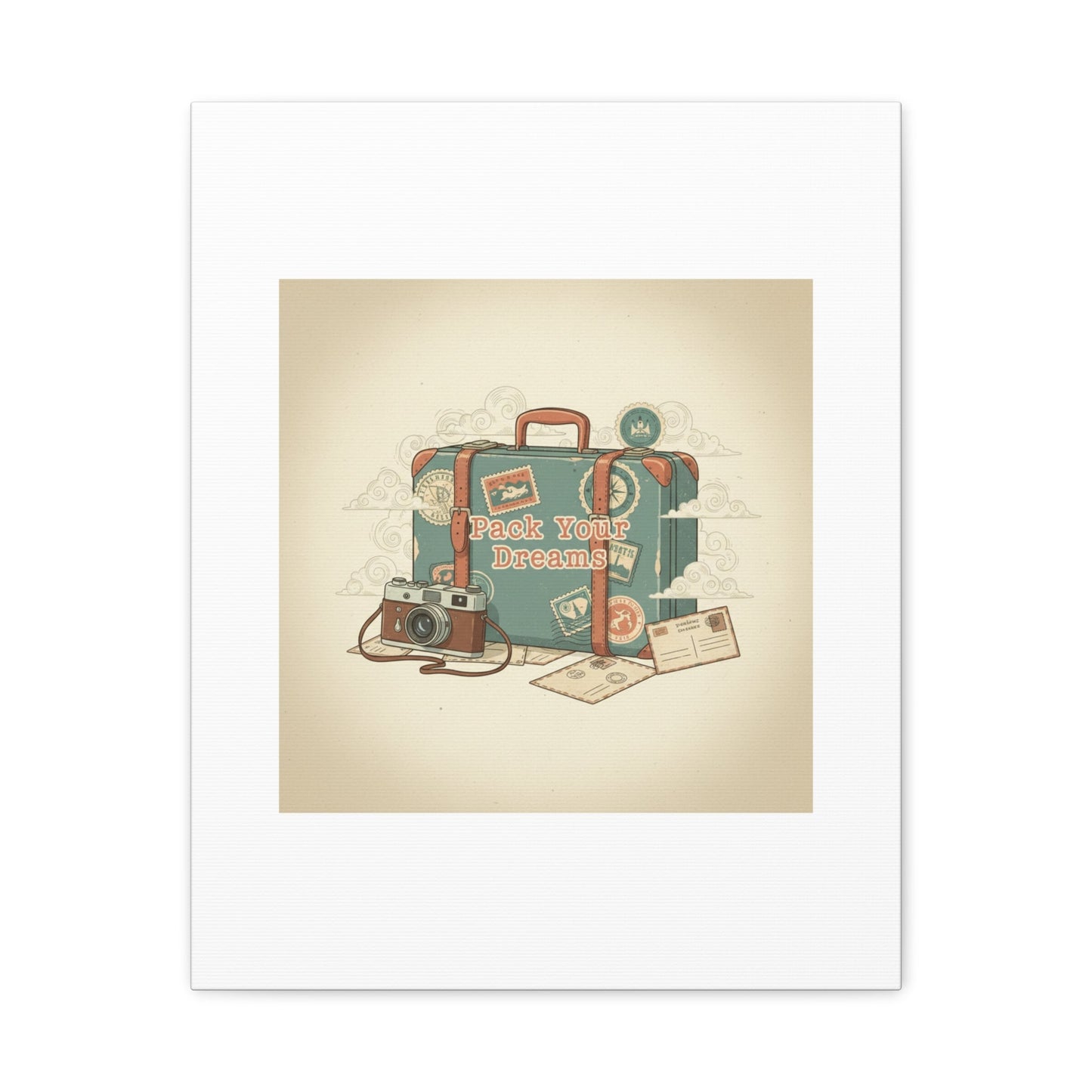 Pack Your Dreams Canvas | Retro Travel Postcard, Wanderlust Passport Stamp Art